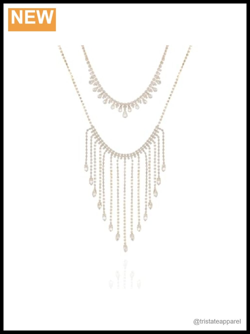 Two Row Statement Necklace with Clear Stones, Goldtone, 17-20" Layered